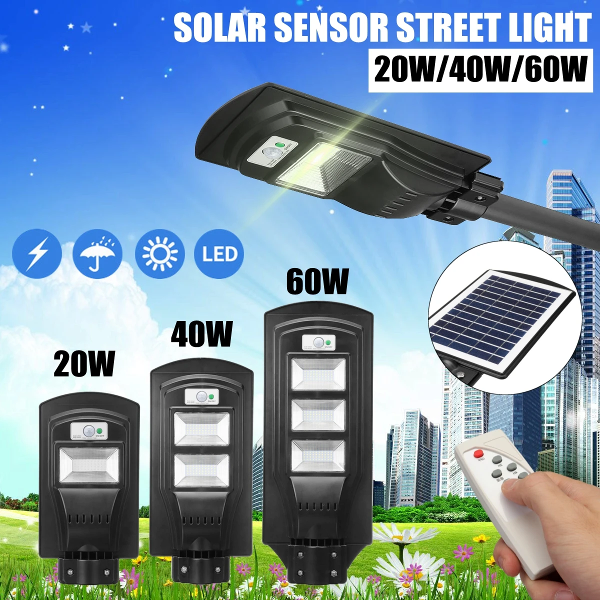 20//40W LED Solar Light Outdoor Wall Street Light Sensor Lamp Remote Control UK