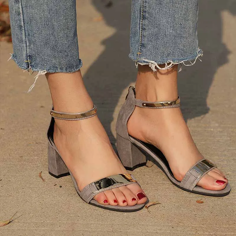 

Women's Summer Ankle Wrap Metal Zip Chunky Heel Sandals Ladies Open Toe Platform Bling Shoes Female Party Elegant Footwear