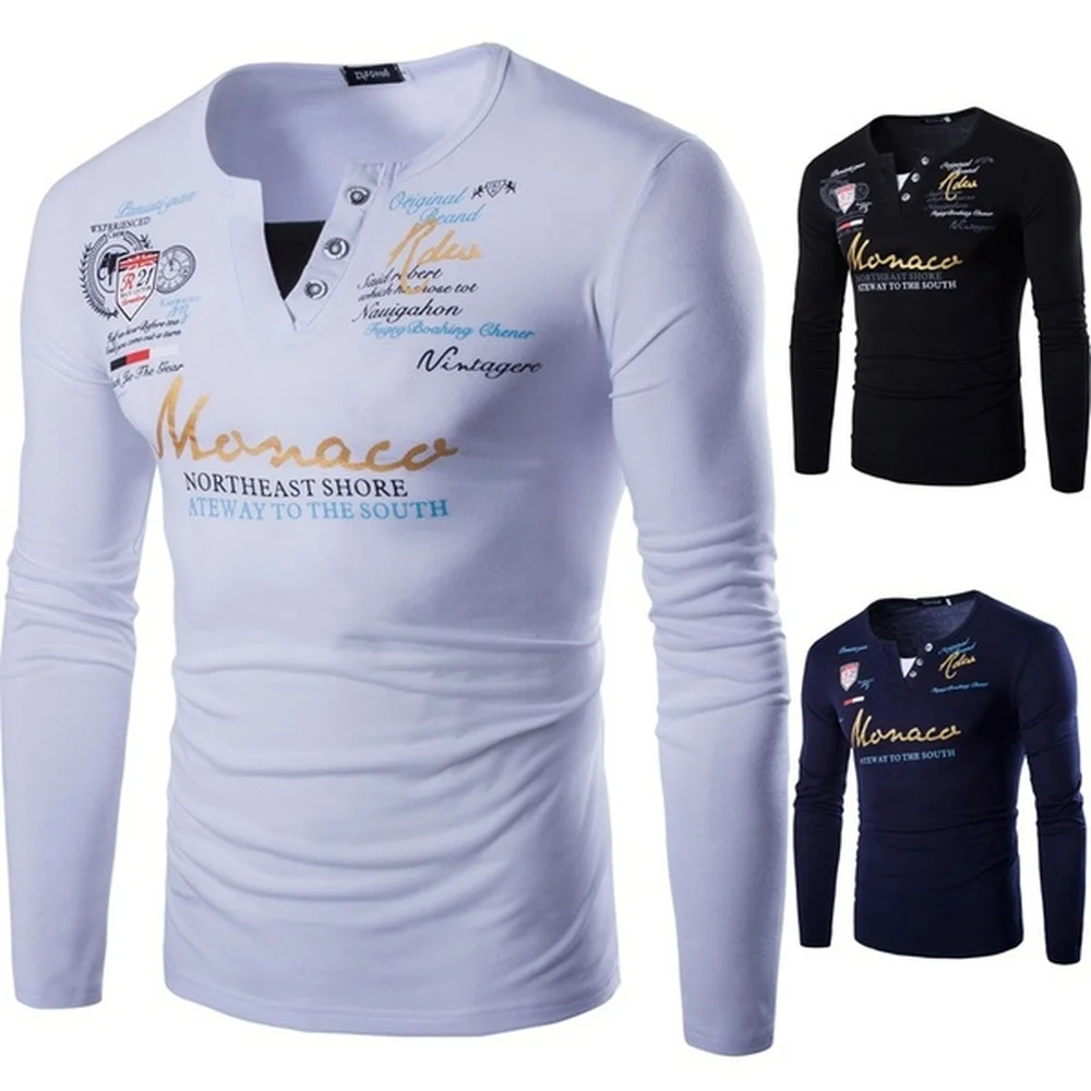 

Z0GAA 2019 New Men Tshirts Korean Slim Fit Men's Fashion Slim Fit Long Sleeve Tshirt Letter Print Quality Top Tees Men T Shirts