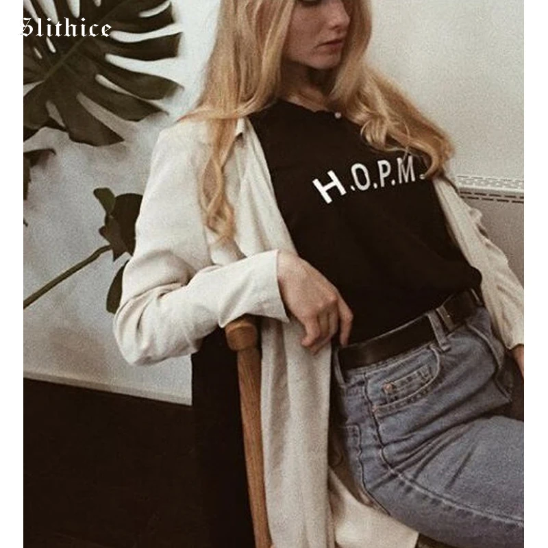 Модная женская футболка Slithice в русском стиле с коротким рукавом и надписью HOPM