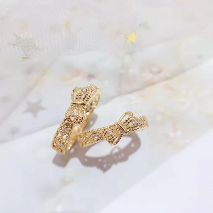 

Korean Entry Lux Bowknot Ring For Women Creative Hollow-end Light Yellow Gold Color Gift For Girls Fashion Jewelry KBR015