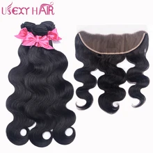USEXY HAIR Body Wave Hair With Frontal Brazilian Hair Weave 3 Bundles With Lace Frontal Closure 13×4 Non Remy Human Hair Weft