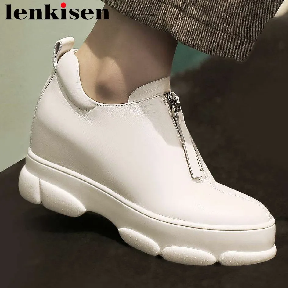 

Large size high quality metal zipper round toe high bottom platform sneakers daily wear genuine leather vulcanized shoes Lb7
