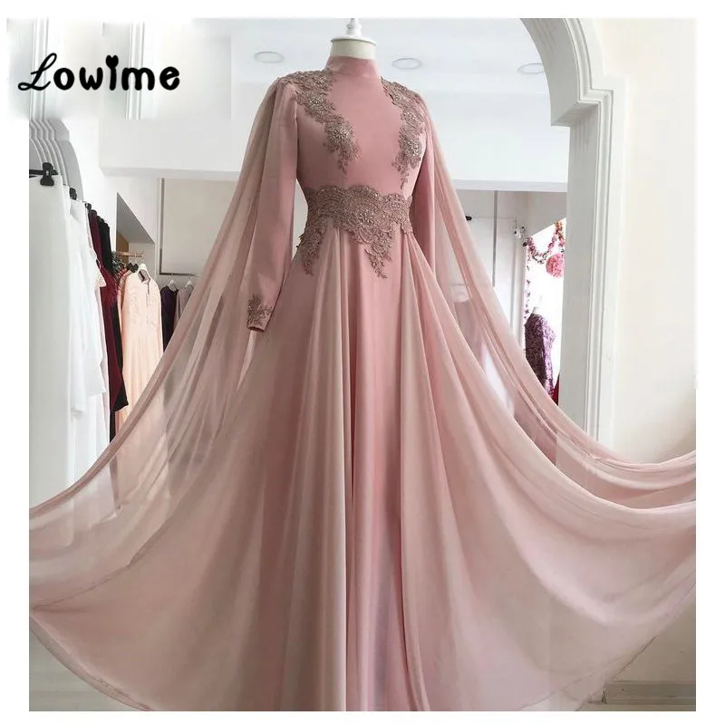 

Pink Applique Evening Gown Formal Muslim Evening Dresses Chiffon Arabic Party Dress High Neck Robe De Soiree Longue 2018