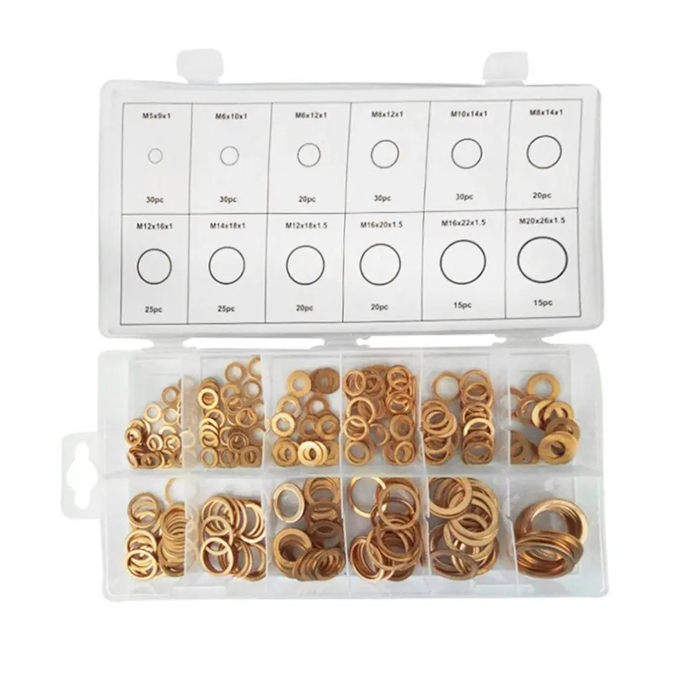 

280pcs Copper Washers Set 12 Sizes Solid Assorted Copper Gasket Washers Sump Plug Sealing Ring Set With Case Assortment Kit