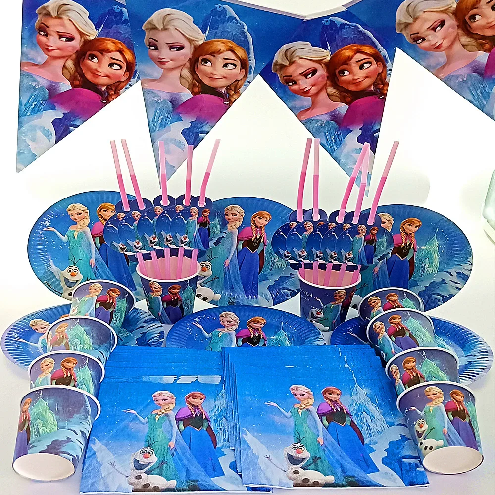 

60pcs happy birthday kids disney frozen elsa anna baby girl shower party decoration set banner cup plates supplier