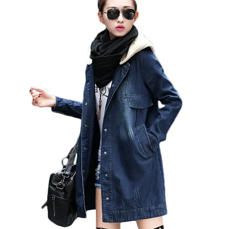 

Long Coat Women Korean 2019 New Jacket Autumn Ladies jeans Jackets Hooded Single Breasted Casual Jacket Windbreaker Coats f171