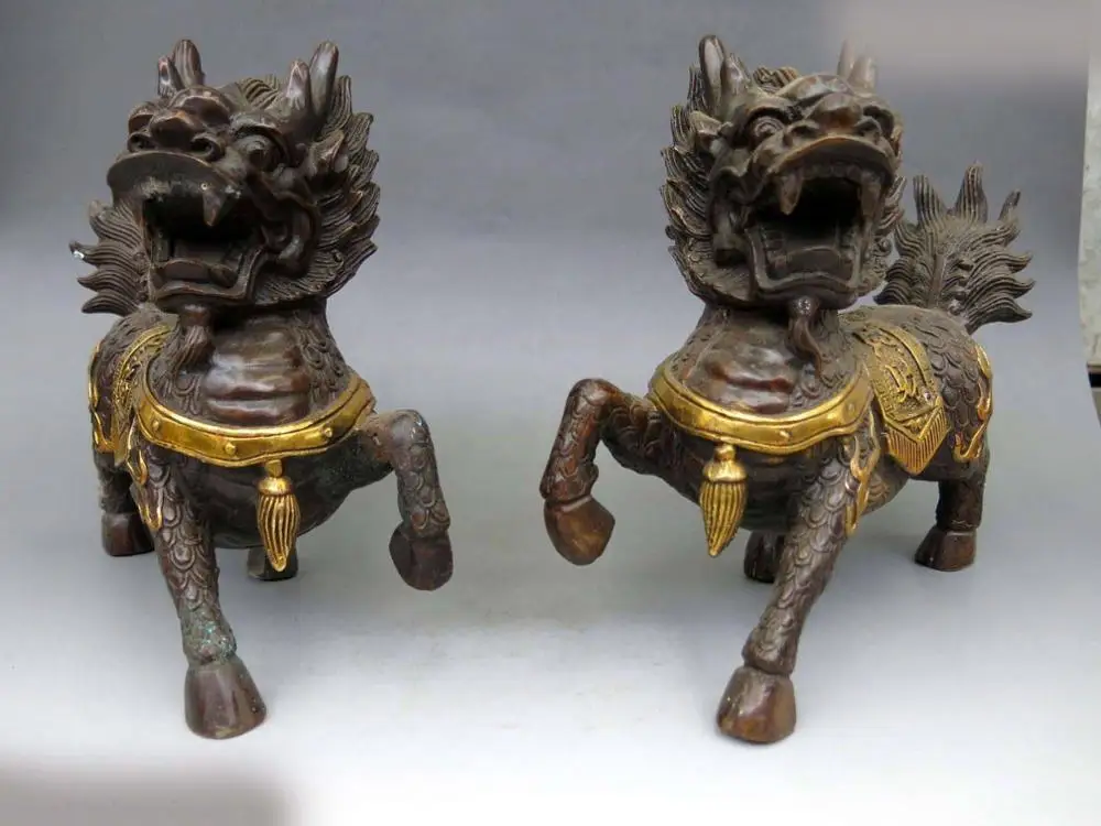 

8" China brass copper carved Feng Shui Foo Dogs Lion kylin pair Sculpture Statue
