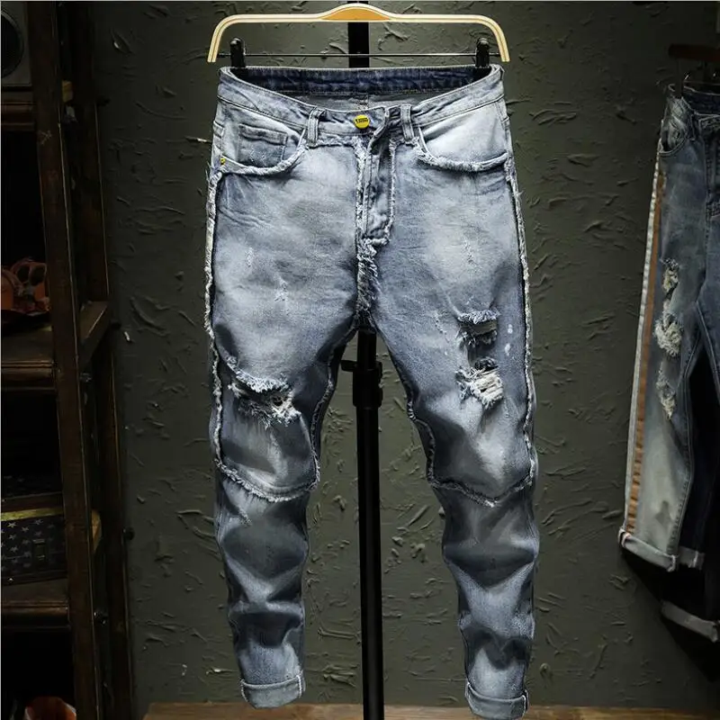 

2018 New Casual Men Hole Jeans Taped Slim Moto Biker Denim Fashion Jeans Stretchy Skinny Frayed Ripped Pant Distressed Trourser