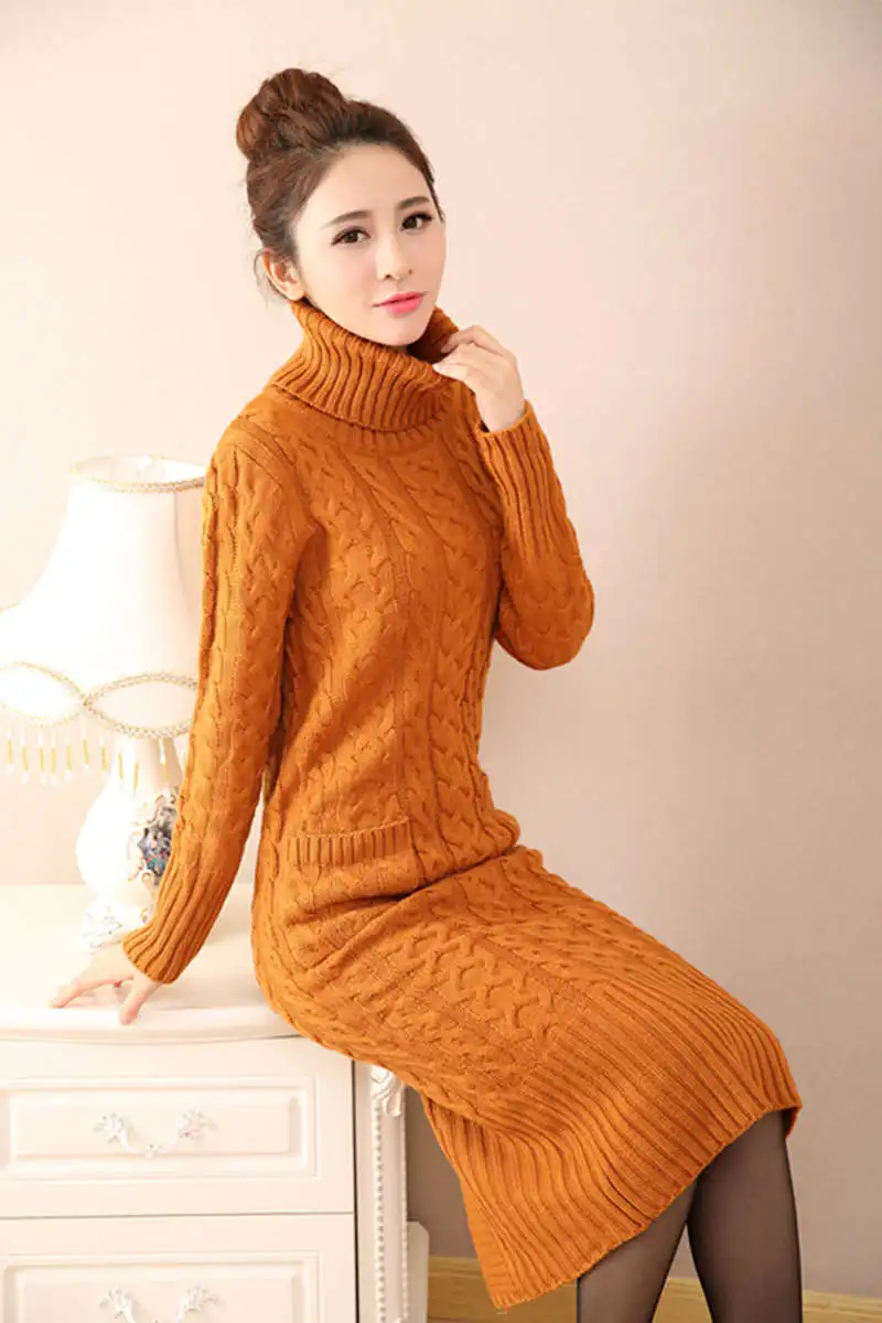 Осенне-зимний свитер с высоким воротом, Женский вязаный пуловер с разрезом, длинный свитер, платье, Pull Femme, толстый свитер, пуловеры, платье C3685 - Цвет: khaki style 1