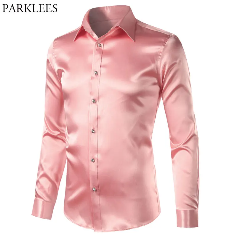 Pink Silk Satin Shirt Men 2018 Brand New High Quality Tuxedo Dress