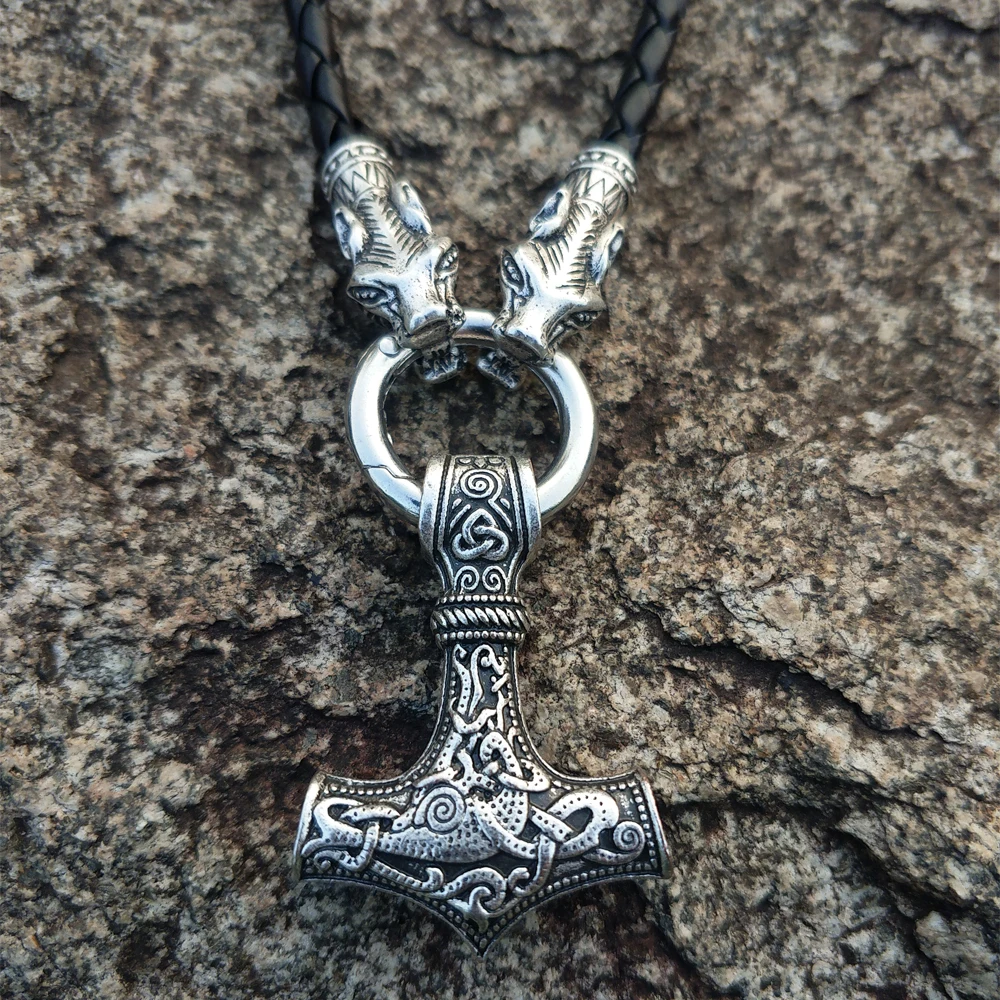 LANGHONG Nordic Viking Thor's Hammer Necklace Viking Thor's Hammer with wolf Head Necklace Jewelry Talisman