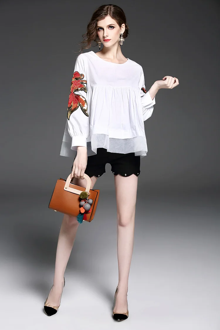 Fashion Goldfish Animal Embroidery Beading Decoration O-Neck Loose Style Cute Blouse Shirt Women (4)