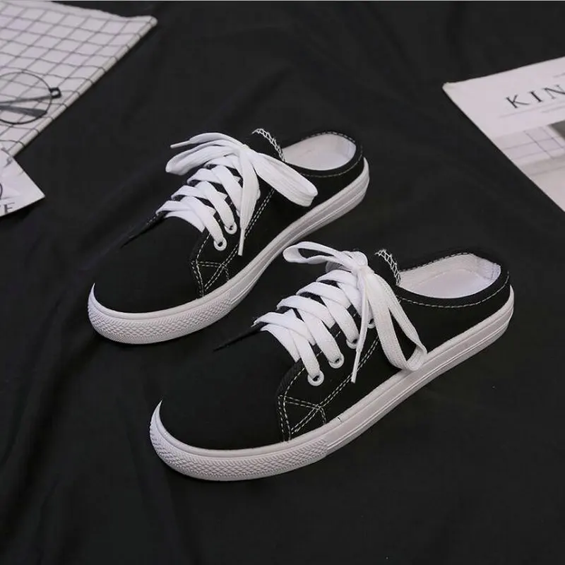 

New 2019 Spring Woman Canvas Shoes Breathable and lightweight lazy half slippers women casual low upper lace up flat shoes BB-07
