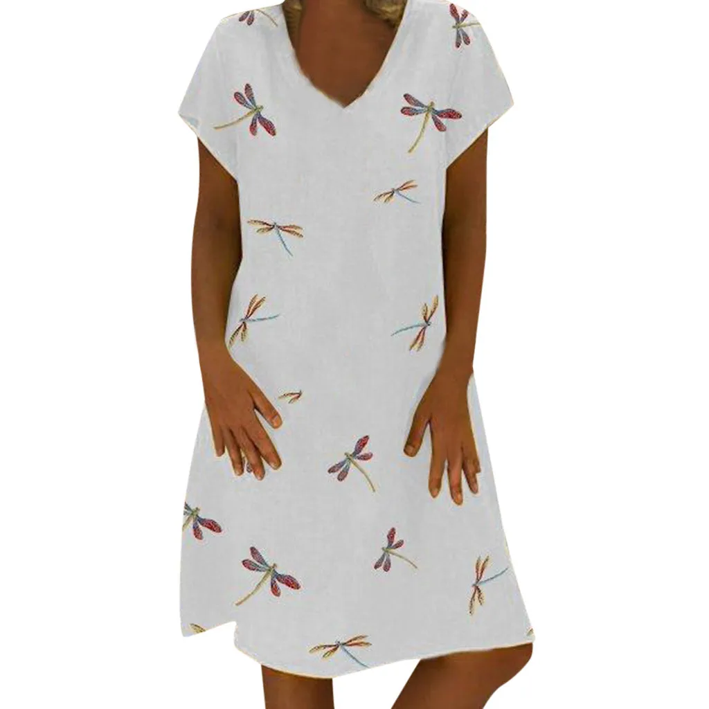 

4 Colors Women Casual Linen Dress V Neck Short Sleeve Summer Loose Dress Dragonfly Printed Bohemian Dresses #BF