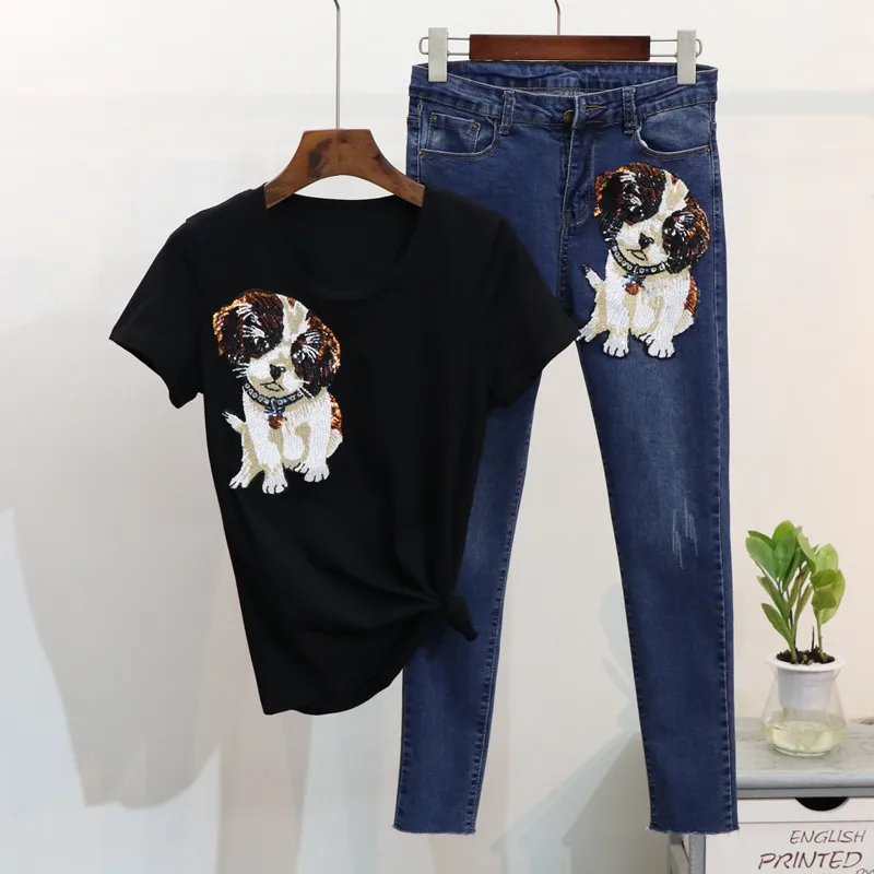 Amolapha/женские футболки с рисунком собаки, с блестками, джинсовые брюки-карандаш, комплекты, Повседневная Свободная футболка, топы+ брюки, костюмы для женщин - Цвет: Черный