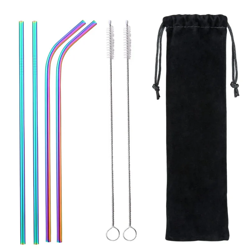 

4 Pcs Reusable Drinking Straw Stainless Steel Metal Straw with 2 Cleaner Brush For Mugs Straws Home Party Bar Accessories + bag