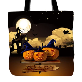 

Happy Halloween Designs Printing Tote Bag Filled With Candy For Children Shoulder Bags White Canvas Hand Bags Full Moon Night