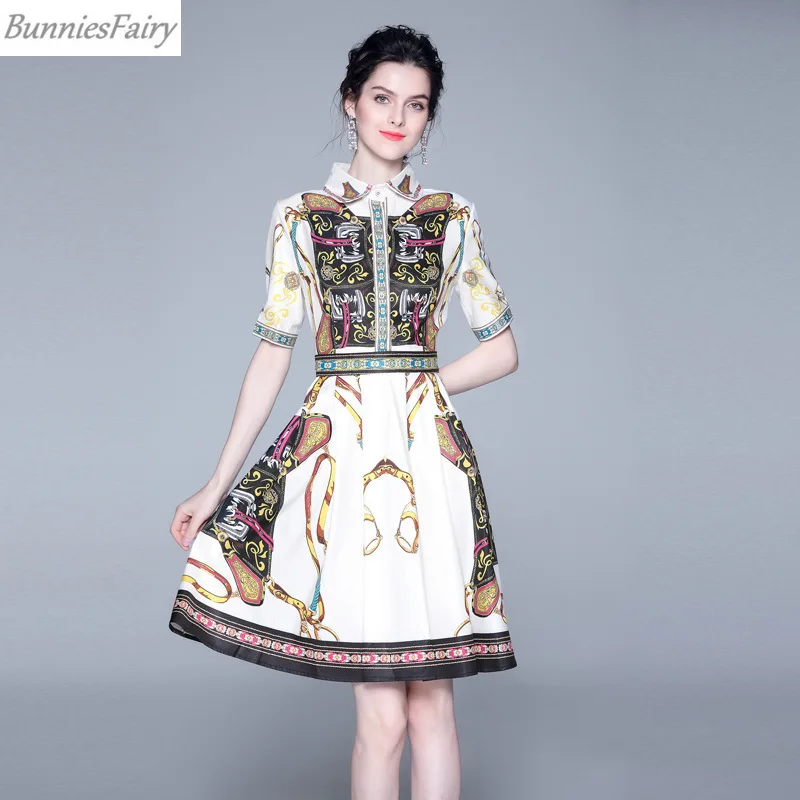 

BunniesFairy 2019 Autumn New Women Vintage Retro Ethnic Chains Geometric Floral Print White Shirt Dress Knee-Length Short Sleeve