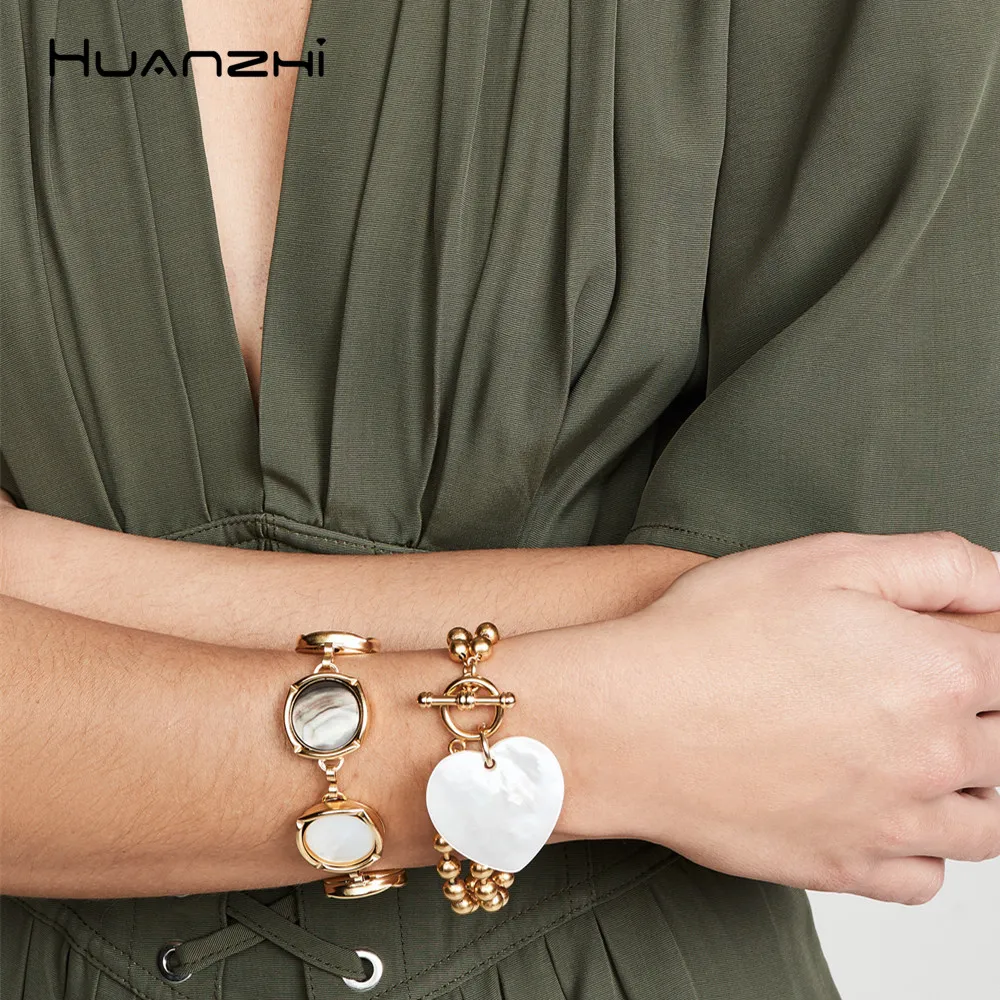 

HUANZHI 2019 Marble Contrast Color Elegant Office Trendy Alloy Simple Geometric Rhombus Round Chain Bracelet for Women Jewelry