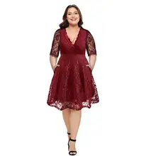 2019 Women Plus Size Lace V Neck Short Wedding Party Mini Dress With Pocket 2019 Women Plus Size Lace V Neck Short Wedding Party Mini Dress With Pocket