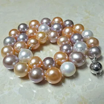 

11-12mm natural pearl necklace round mixed color light genuine freshwater pearl necklace 925 Silver clasp 18INCH