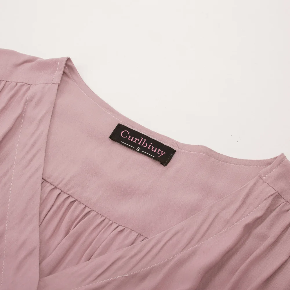 Women retro Dress Short Sleeve V-Neck Button Placket Cotton dresses summer ladies solid color ruched swing A-Line dress elegant