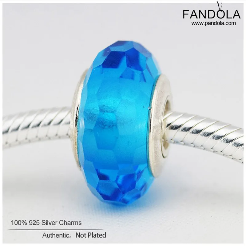 Murano Glass Charms Bead 925 Sterling Silver Aqua Fascinating Faceted