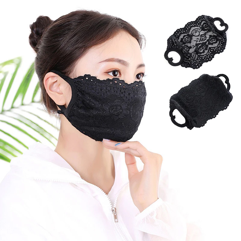 

Women's Spring Summer Flower Embroidery Thin Lace Mask Female Summer Sunscreen Black Color Breathable Lace Mouth-Muffle