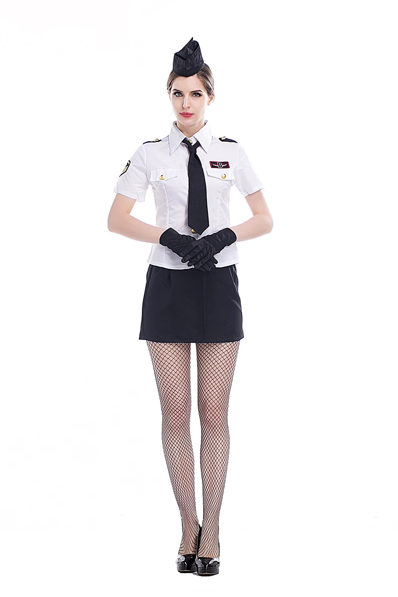 Flight Attendant Ladies Fancy Dress Uniform Navy Women Air Hostess Adult Costume