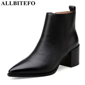 

ALLBITEFO size:33-40 genuine leather pointed toe thick heel women boots winter brand high heels ankle boots ladies boots