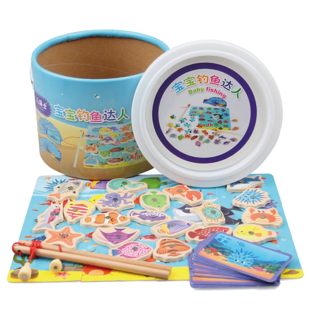 3 in One Magnetic Fishing Game Toy, 20 Wooden Fish Animal Model & 2 poles with Ocean Jigsaw Puzzle Board Educational Pretend Toy