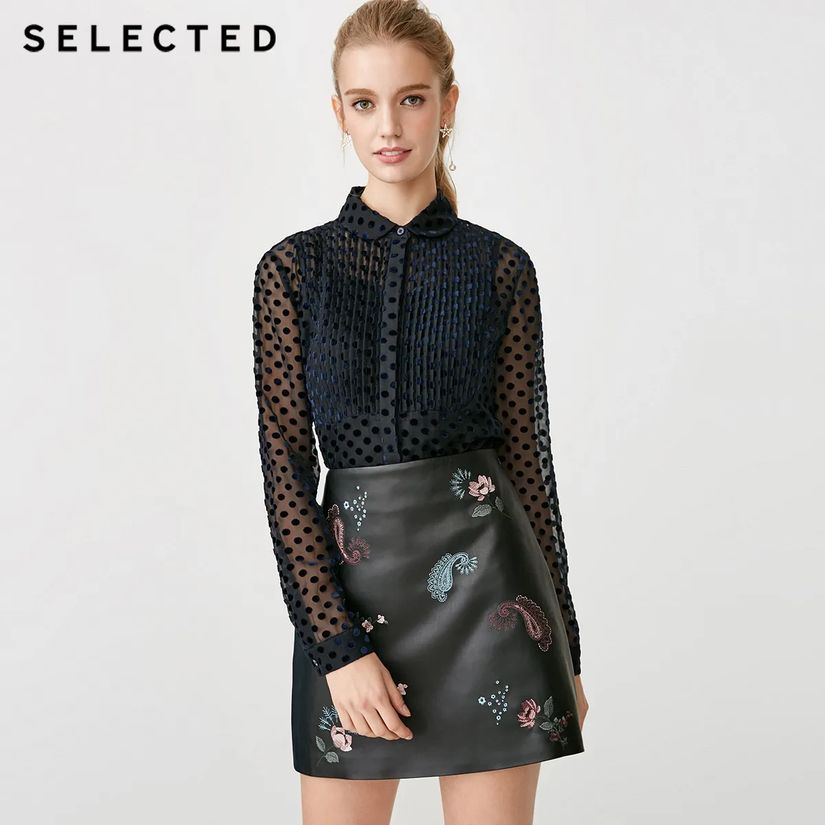 

SELECTED Women's Flocking Doll Collar Polka Dots Long-sleeved Shirt SIG|418405517