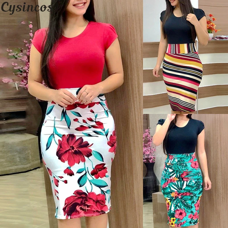 

Cysincos Women Summer Dress Sexy Boho Floral Print Bodycon Pencil Dresses Female Plus Size Club Cocktail Evening Party Dress