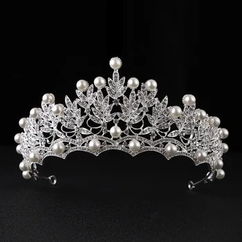 

Big Silver Color Leaf Crystal Rhinestone Tiara de Noiva Simulated Pearl Wedding Crowns Jewelry Bridal Diadem Hair Accessories SL
