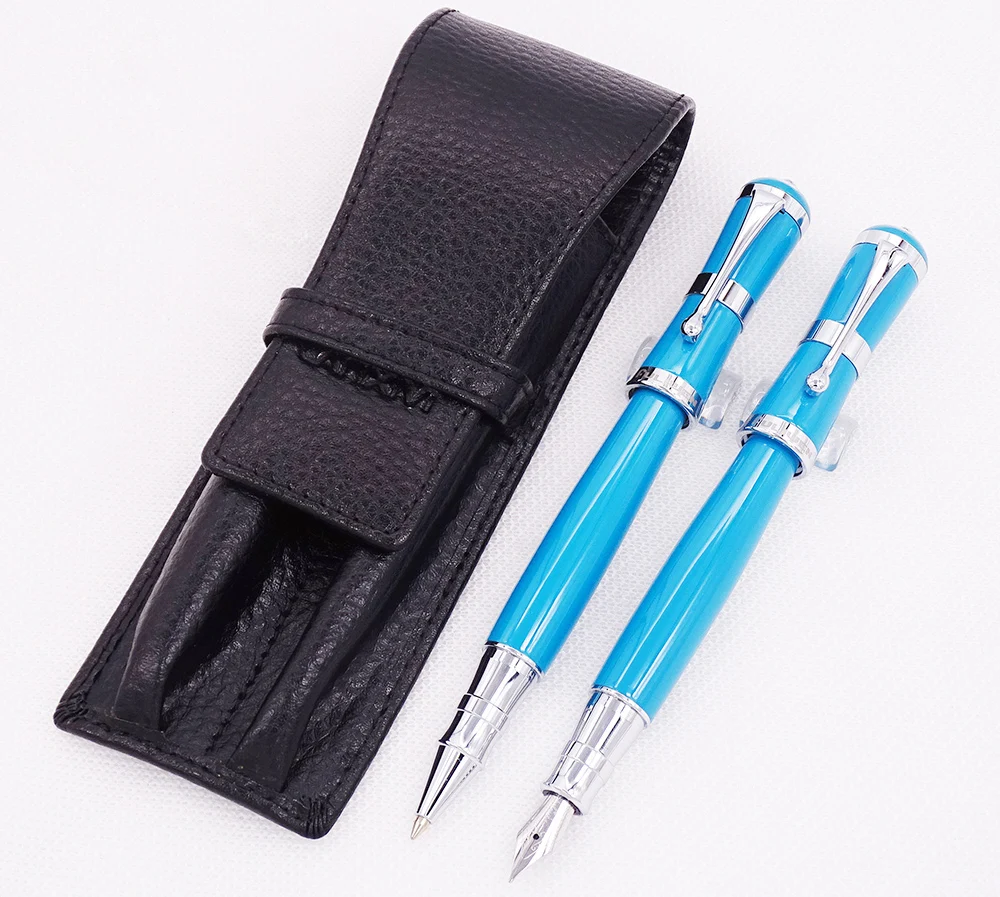 Fuliwen 2051 Sky Blue Metal Fountain Pen & Roller Pen with Real Leather Pencil Case Bag Washed Cowhide Pen Case Writing Gift Set c eng skills real writing 4 bk ans d