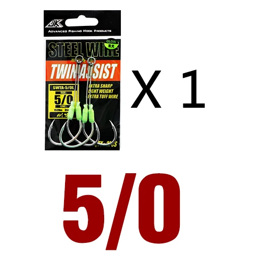 JK 5packs Sea Fishing Hook Steel Wire 7x7 Slow Jigging Size 1/0 2/0 3/0 4/0 5/0 Luminous Double Assist Hook Slow Pitch Tackle 1pack - 5 l 0
