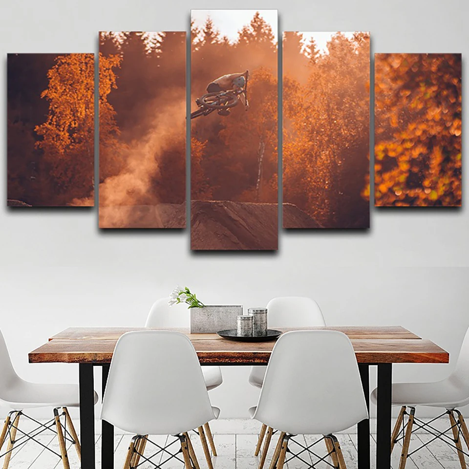 Modern Wall Art Pictures Frame HD Printed 5 Panel Mountain Biking Autumn Landscape Home Decoration Poster Living Room Painting