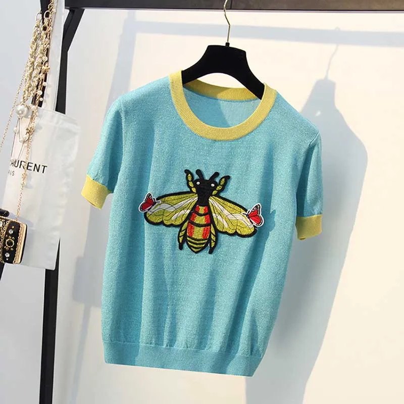 Брендовые новые летние футболки с сияющим люрексом и вышивкой пчелы, женские дизайнерские вязаные топы, 3 цвета, красивый топ для всех, SY1990 - Цвет: Blue