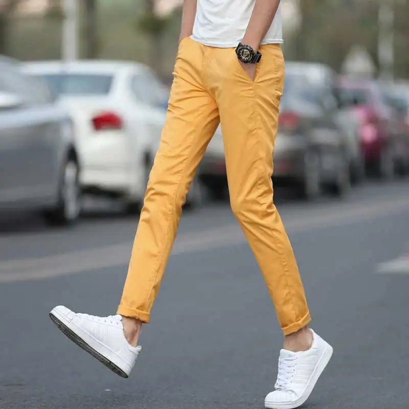 Мужские повседневные брюки, высокое качество, Стрейчевые хлопковые брюки, брюки-Чино, Желтый Хаки, светильник, синий, черный - Цвет: Цвет: желтый