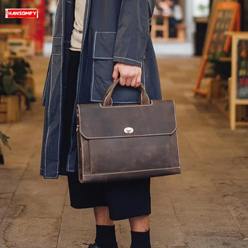 

Crazy Horse Leather Retro Men's handbags genuine Leather shoulder messenger bags business laptop Briefcase male crossbody bags