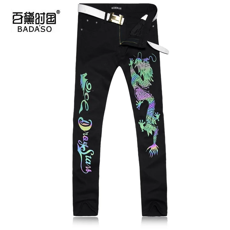 

2017 new Black Jeans Men Chinese style Luminous Dragon Pattern Brand Designer Mens Printed Jeans Slim cotton trousers.28-38