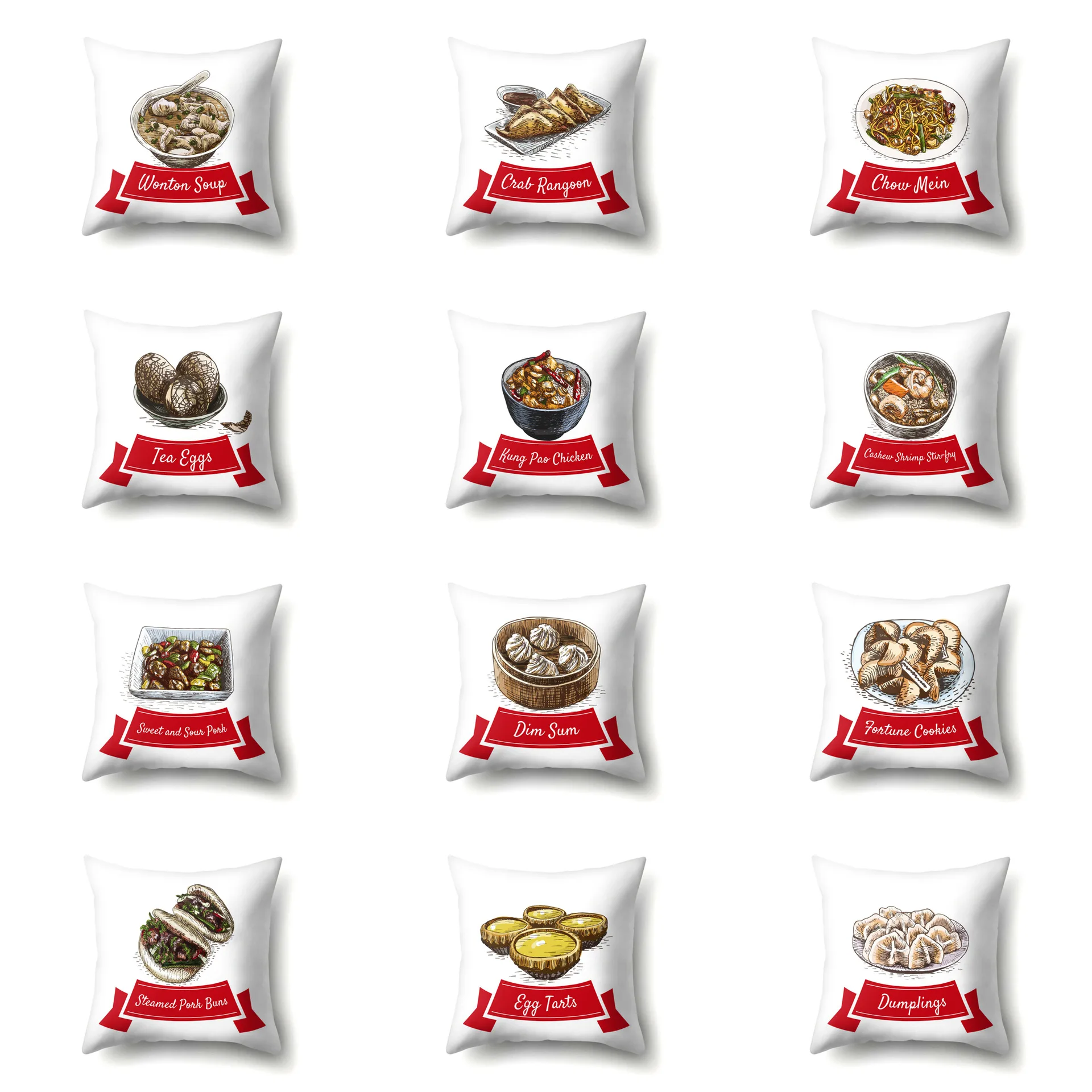 

Chinese Food Series Cushion Cover Kung Pao Chicken Creative Print Polyester Pillowcase for Sofa Bed Decorative Covers Home Decor