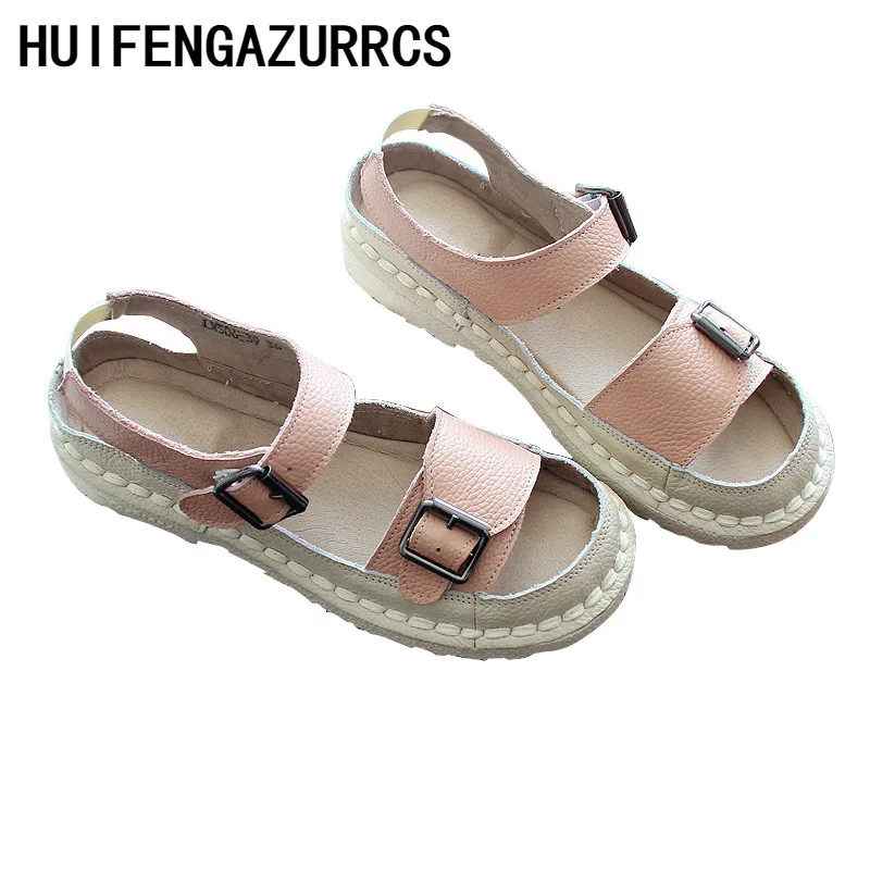 

HUIFENGAZURRCS-Literature and art New Summer Sandals,Open Toe Soft Bottom genuine Leather Sewing Handmade Female Shoes,3 colors