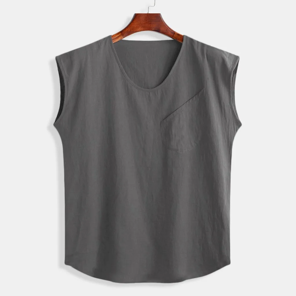 Men's Tank Top Baggy Summer Bodybuilding Cotton Linen Solid Pocket