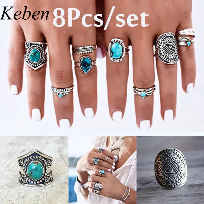 

2019 Bohemia Midi Rings Sets For Women Retro Antique Silver Color Opals Turquoises Knuckle Ring Bagues Femme