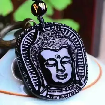 

wan natural Black stone Guanyin Head portrait Pendant 41*37*15MM necklace Jewelry