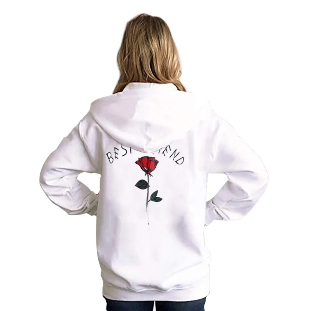 Негабаритный свитер с капюшоном для женщин лучший друг роза Вышитые с длинным рукавом Толстовка с капюшоном пуловер зима# T2 - Color: White
