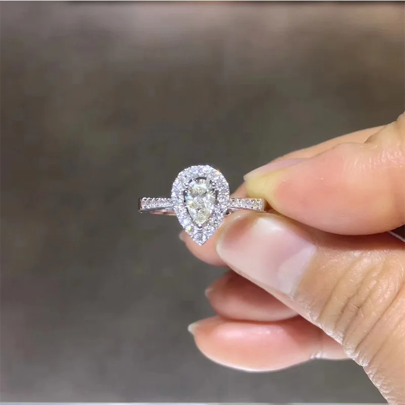 

ANI 18K White Gold (AU750) Wedding Ring 0.646 CT GIA Certified D/SI2 Pear Cut Real Natural Diamond Women Halo Engagement Ring