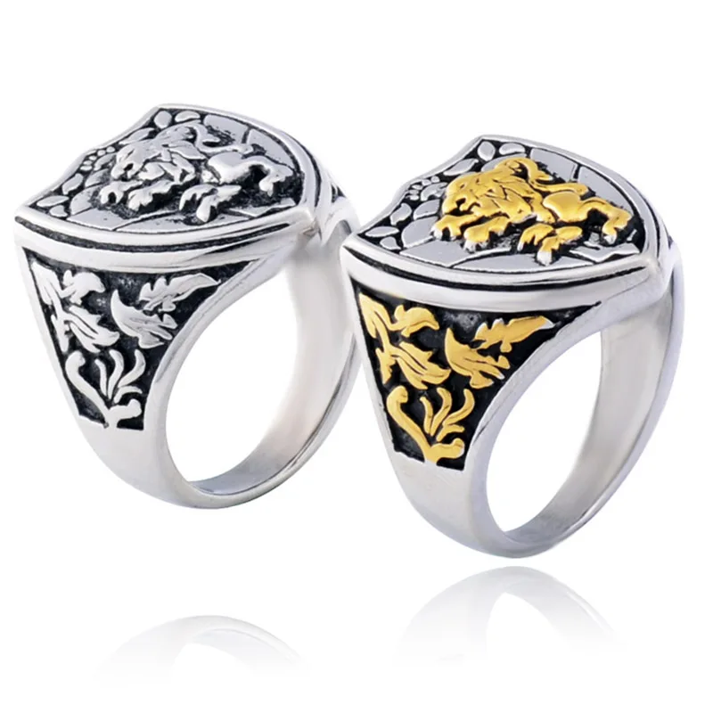 

EdgLifU Men's Lion Ring Fashion Punk Animal Ring Vintage Stainless Steel Fashion Gold Band Rings shield Royal Jewelry